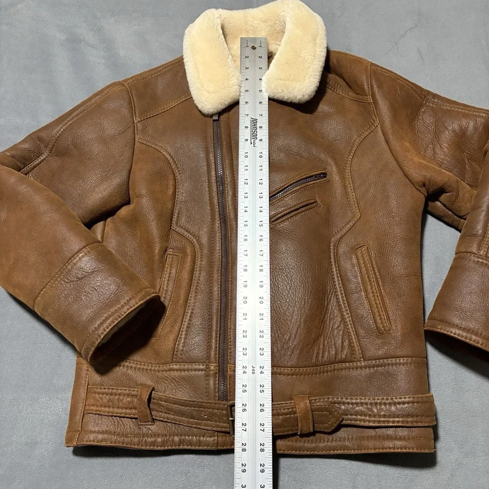 Shearling Lambskin B-3 Bomber Jacket Mens Size M Aviator Coat Brown Handmade NEW - Picture 13 of 16